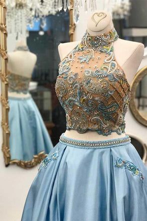 Two Pieces A Line Red Prom Dresses With Pockets, Halter Beaded Evening Dress INJ60