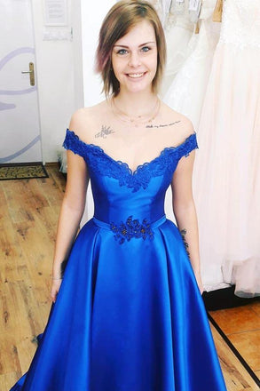 Royal Blue A Line Appliques Satin Charming Prom Dresses INJ39