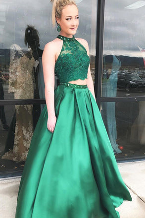 Two Pieces Halter A Line Satin Green Long Prom Dresses With Beads INJ71