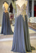 Beaded Chiffon Spaghetti Straps Long Prom Dresses With Appliques INJ73