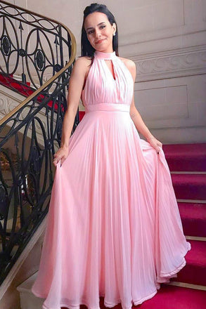 Pink Chiffon High Neck Simple Prom Dresses, Graduation Dresses INJ74