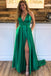 Green A Line  Halter Sexy Split Prom Dresses With Pockets INJ75