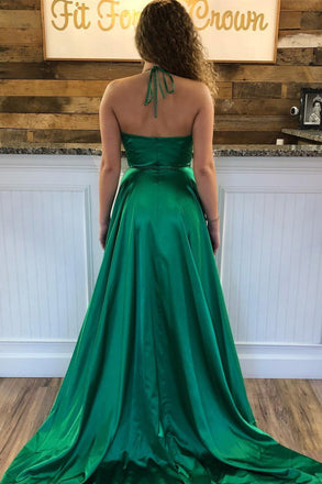 Green A Line  Halter Sexy Split Prom Dresses With Pockets INJ75
