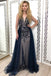 Navy Blue Tulle Sequins Prom Dresses, Long Formal Prom Dress INJ78