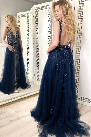 Navy Blue Tulle Sequins Prom Dresses, Long Formal Prom Dress INJ78