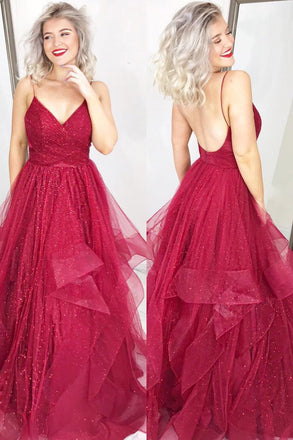 Red Spaghetti Straps A Line Sequins Prom Dresses, Backless Evening Dress INJ81