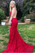 Red Lace Spaghetti Strap Backless Prom Dresses, Mermaid Prom Dress INJ79