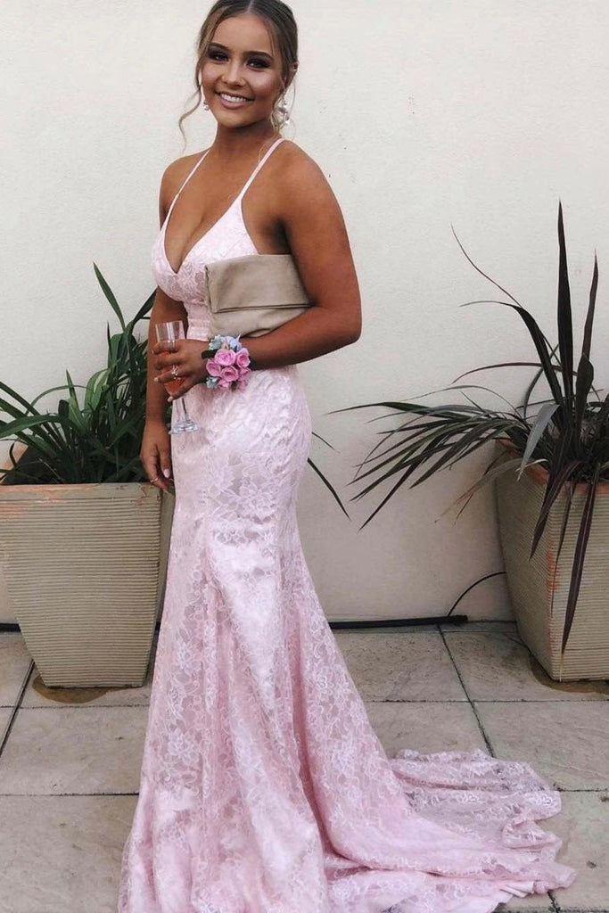 Red Lace Spaghetti Strap Backless Prom Dresses, Mermaid Prom Dress INJ79