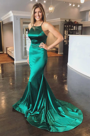 Elegant Mermaid Green Long Prom Dresses With Sweep Train INJ70
