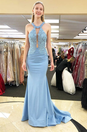 Mermaid Sky Blue Prom Dresses With Lace, Long Formal Evening Dress INJ83