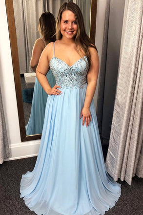 A Line Sky Blue Chiffon Prom Dress, Beaded Evening Party Dresses INJ55
