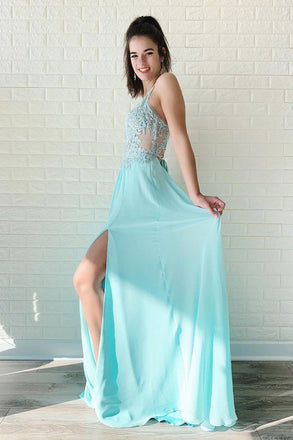 A Line Chiffon Long Split Prom Dress, Cheap Lace Up Back Evening Dresses INJ52
