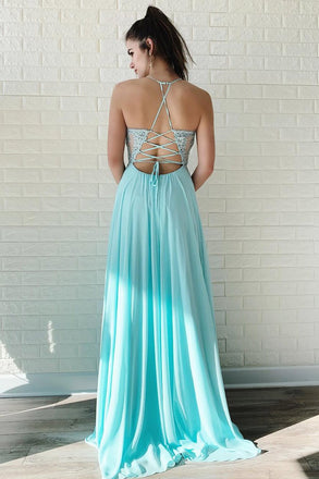 A Line Chiffon Long Split Prom Dress, Cheap Lace Up Back Evening Dresses INJ52