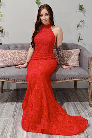 Red Lace Sheath Open Back Prom Dress, Mermaid Evening Dresses INJ44