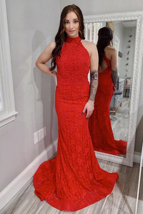 Red Lace Sheath Open Back Prom Dress, Mermaid Evening Dresses INJ44