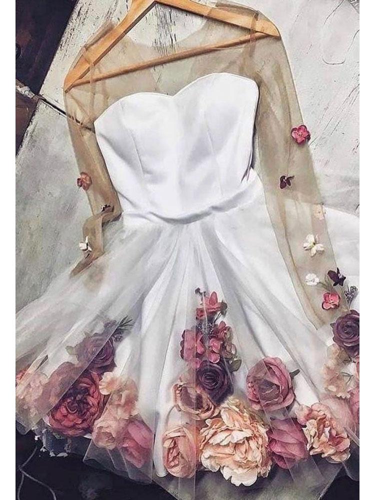 A Line Round Neck Long Sleeves Flower Short Homecoming Dresses With Flowers INM66