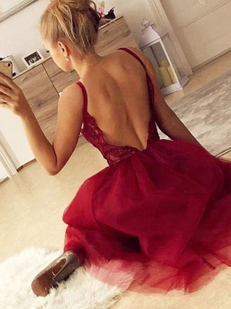 Cute A Line V Neck Spaghetti Straps Dark Red Short Homecoming Dresses with Lace INM67