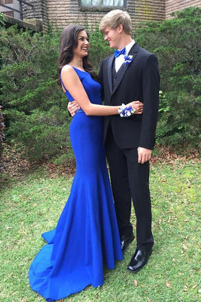 Simple HanINade Mermaid Long Royal Blue Open Back Prom Dresses K726