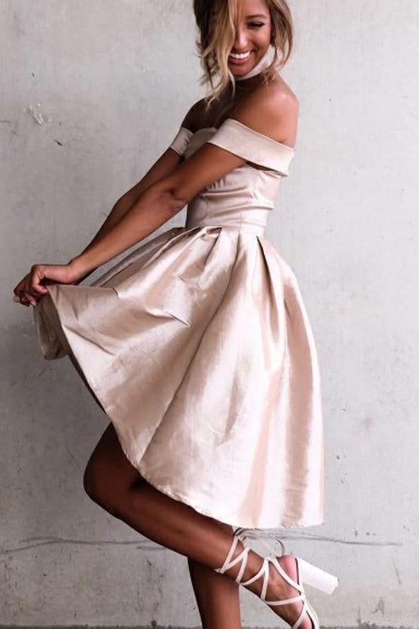 Simple A-Line Off the Shoulder High Low Satin Sleeveless Homecoming Dress IND67