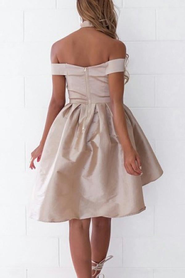 Simple A-Line Off the Shoulder High Low Satin Sleeveless Homecoming Dress IND67