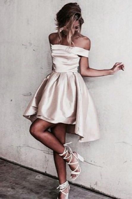 Simple A-Line Off the Shoulder High Low Satin Sleeveless Homecoming Dress IND67