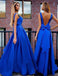 Sexy A-Line V-Neck Sweep Train Backless Royal Blue Prom Dress with Bowknot Pleats IN340