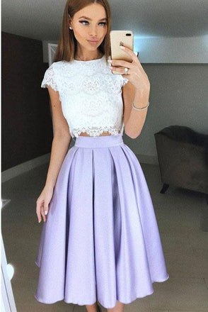 Two Piece Tea-Length Lavender Prom Homecoming Dress with Lace Pleats INL38