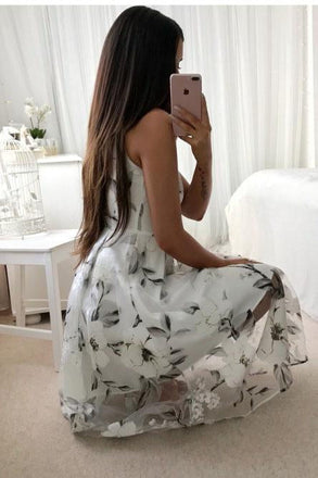 A-Line V-Neck Printed Tea Length Prom Dress with Pleats INL40