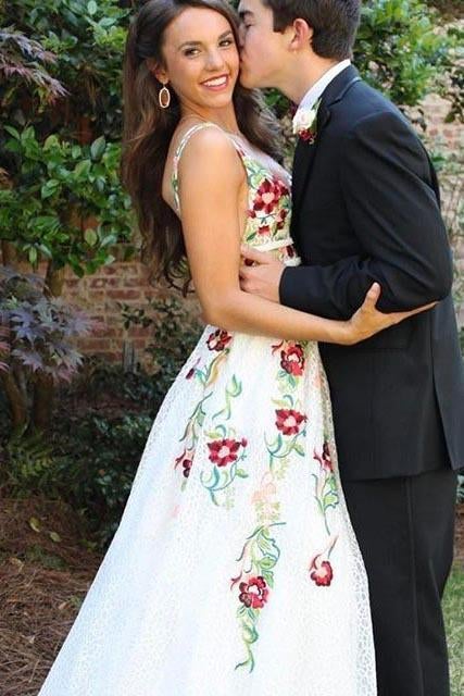 A Line V Neck Flower Appliques Prom Dresses, Long Evening Dresses ING76