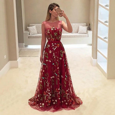 A-Line Bateau Burgundy Floral Lace Long Prom Dresses INH4