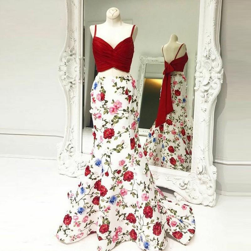 Mermaid Spaghetti Straps Floral Print Red Top Prom Dresses INI84