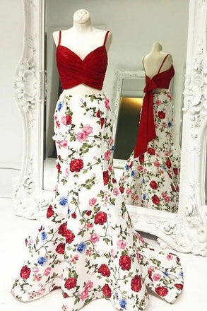 Mermaid Spaghetti Straps Floral Print Red Top Prom Dresses INI84