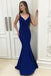 Charming Mermaid V-neck Royal Blue Ruched Long Prom Dresses ING95