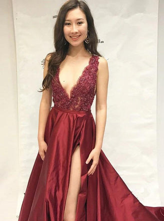 Sexy Burgundy Beaded Slit Skirt Evening Dress, Graduation School Party Gown INI86