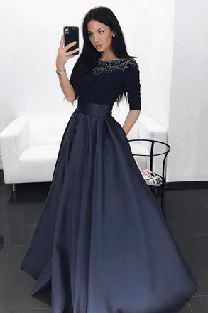 A-Line Bateau Half Sleeves Dark Blue Prom Dress with Beading Pockets INL82