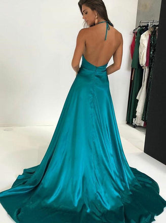 Deep V-neck Spaghetti Straps Turquoise Long Side Slit Sexy Prom Dresses ING30