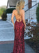 Sexy Sheath Mermaid Spaghetti Straps Criss Cross Burgundy Sequined Prom Dress INA30