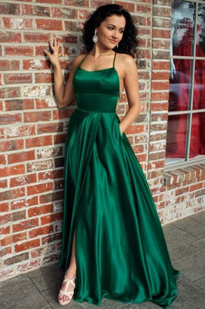 A Line Green Straps Criss Cross Back Long Prom Dresses with Pockets INI62