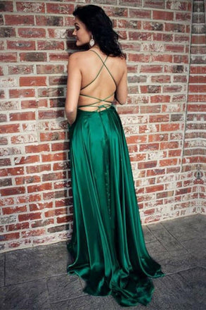 A Line Green Straps Criss Cross Back Long Prom Dresses with Pockets INI62
