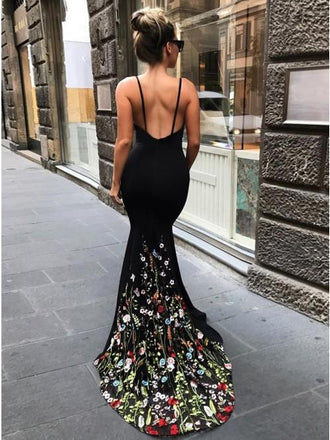 Mermaid Spaghetti Straps Sweep Train Black Prom Dress with Floral Embroidery INK65