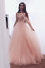 A-Line Pearl Pink Tulle V Neck Long Prom Dress with Sequins IN972