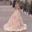 Charming Sweep Train Deep V Neck Pink Tulle Prom Dress with Lace Appliques INA18