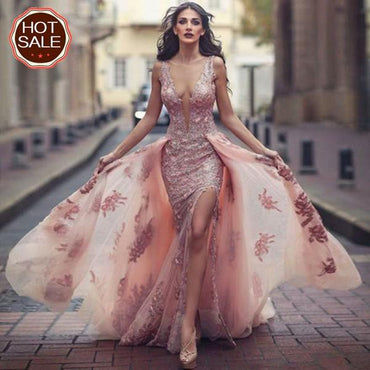 Charming Sweep Train Deep V Neck Pink Tulle Prom Dress with Lace Appliques INA18