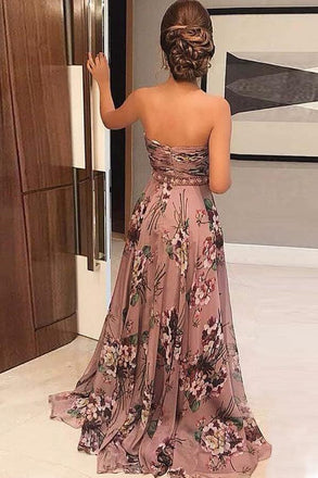 Unique A-Line Sweetheart Sweep Train Floral Printed Chiffon Prom Dress with Beading INA32
