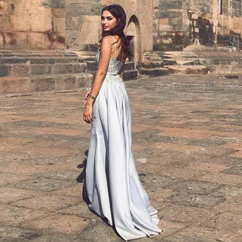 Mermaid Spaghetti Straps Detachable Silver Prom Evening Dress with Appliques INQ66