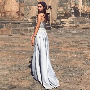 Mermaid Spaghetti Straps Detachable Silver Prom Evening Dress with Appliques INQ66