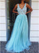 A-Line V-Neck Floor-Length Tulle Long Prom Dresses with Appliques INQ96