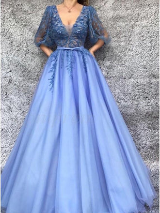 A-Line V-Neck Half Sleeves Tulle Prom Dresses with Appliques INQ94