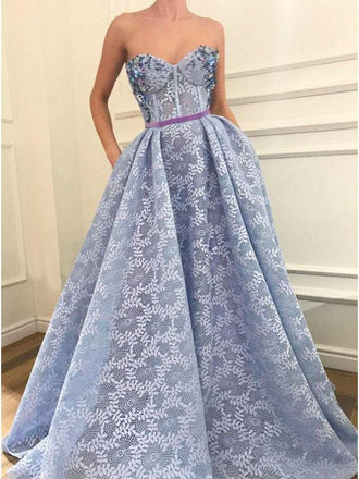 Stunning A-Line Sweetheart Light Blue Lace Prom Dresses with Pockets Beading INQ95