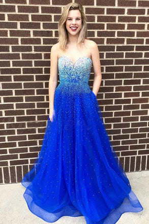 A-Line Sweetheart Floor-Length Royal Blue Prom Dresses with Beading Pockets INQ93